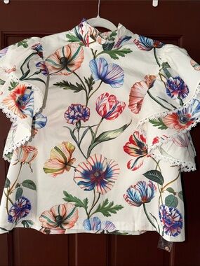 NWT Prosperina Floral Ruffle Sleeve Top Medium Mock Neck Botanical Cotton Blouse